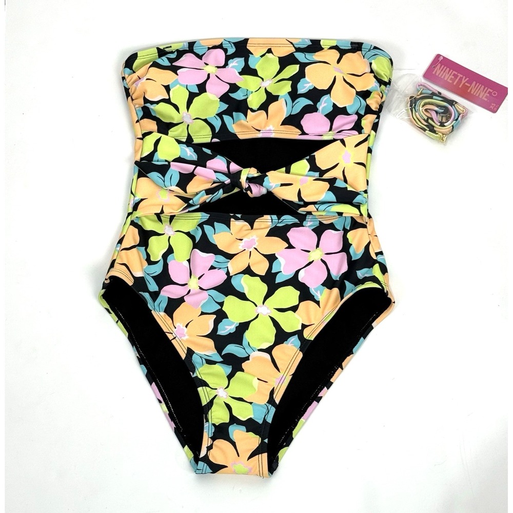 New Bandeau Halter Swimsuit Jr XS 0 1 Tropical Floral Cutout Waist Black Pink